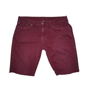 True Religion Men’s Straight Shorts Red Denim Cutoff Distressed Size 36